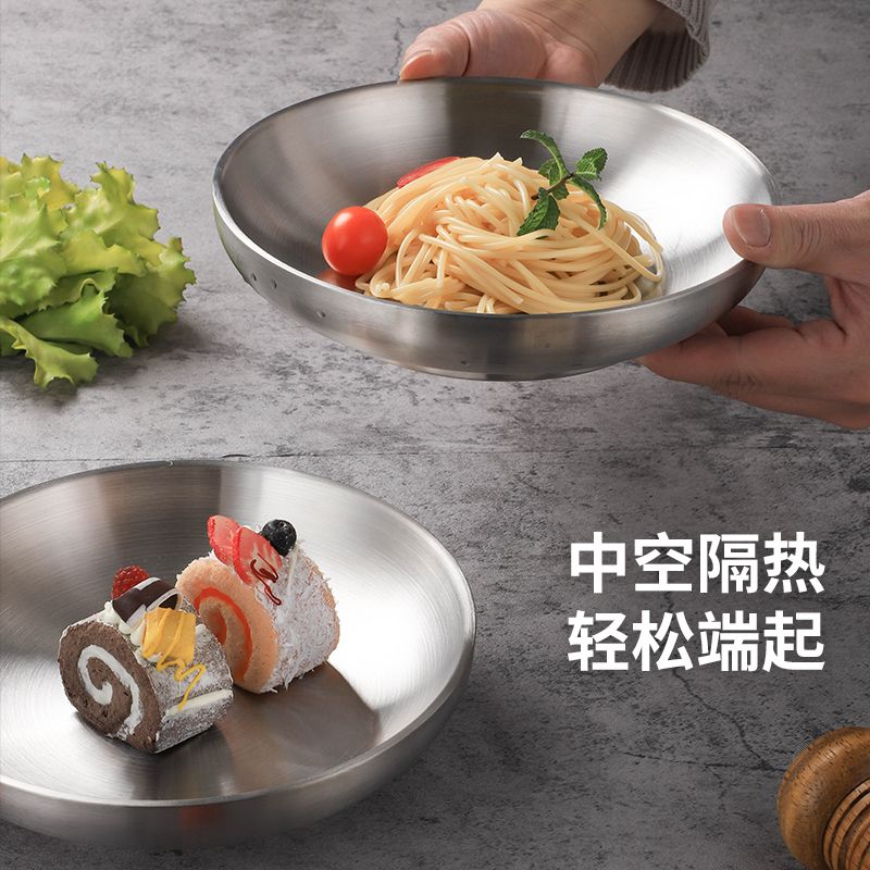 德國 304不銹鋼圓盤食品級家用盤子加深加厚雙層隔熱防燙餐具菜盤