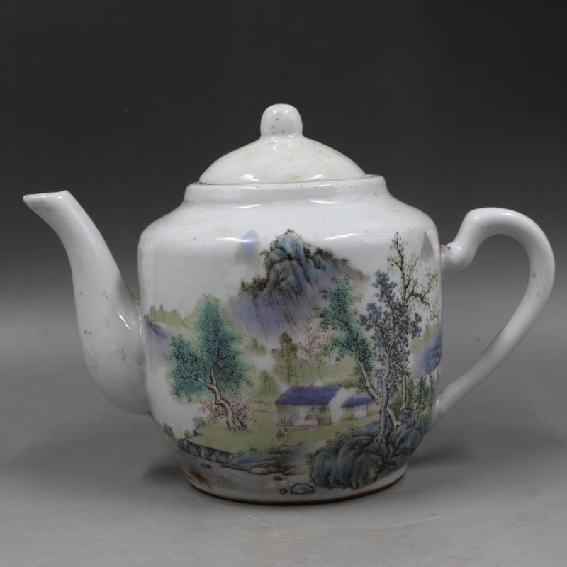 民國江西瓷業公司款粉彩山水茶壺仿古瓷器工藝品家用茶具古董收藏1入