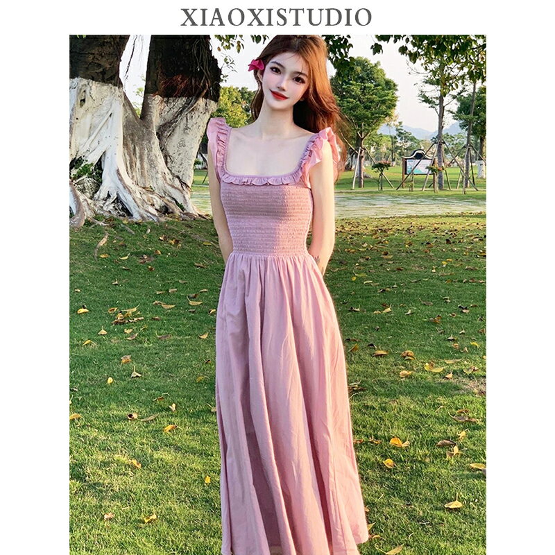 新款夏季新款女裝粉色方領褶皺花邊彈力修身吊帶連衣裙