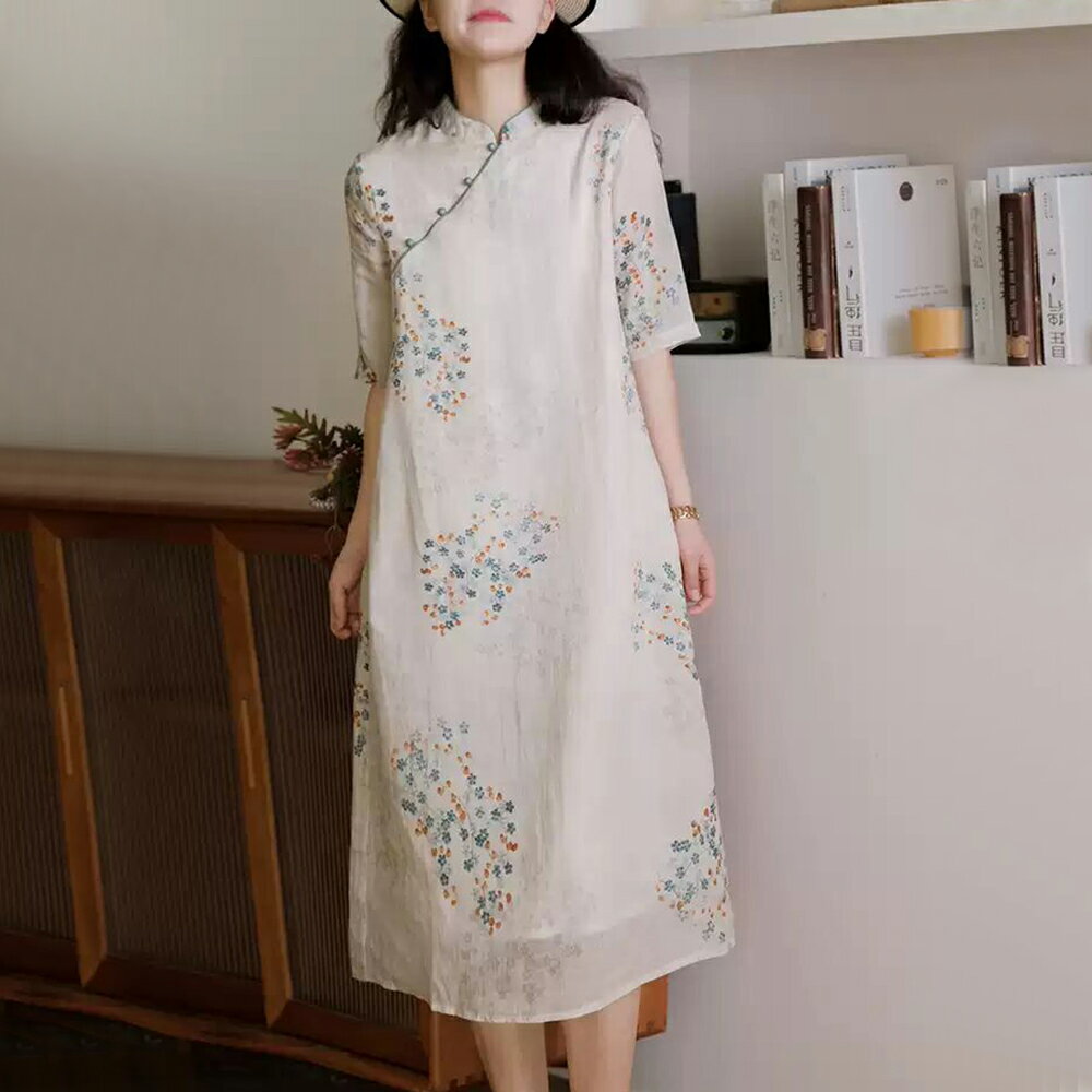 ＊ORead＊立領全棉民族風旗袍連身裙(米色M~2XL)