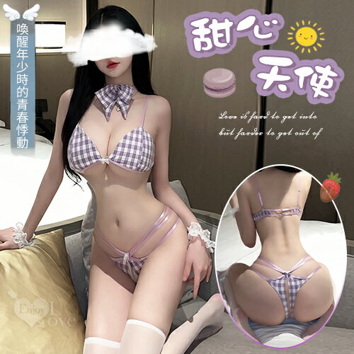 情趣睡衣 內衣 女性 內睡衣 情趣比基尼 清新格紋三點式兩側繫帶開襠免脫五件式套裝﹝紫﹞【本商品含有兒少不宜內容】