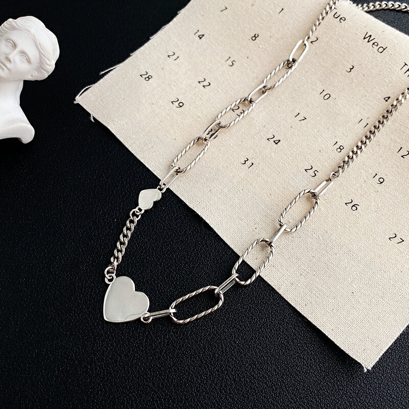 925純銀愛心項鏈女年新款簡約小眾鎖骨鏈復古泰銀粗鏈條頸鏈 2