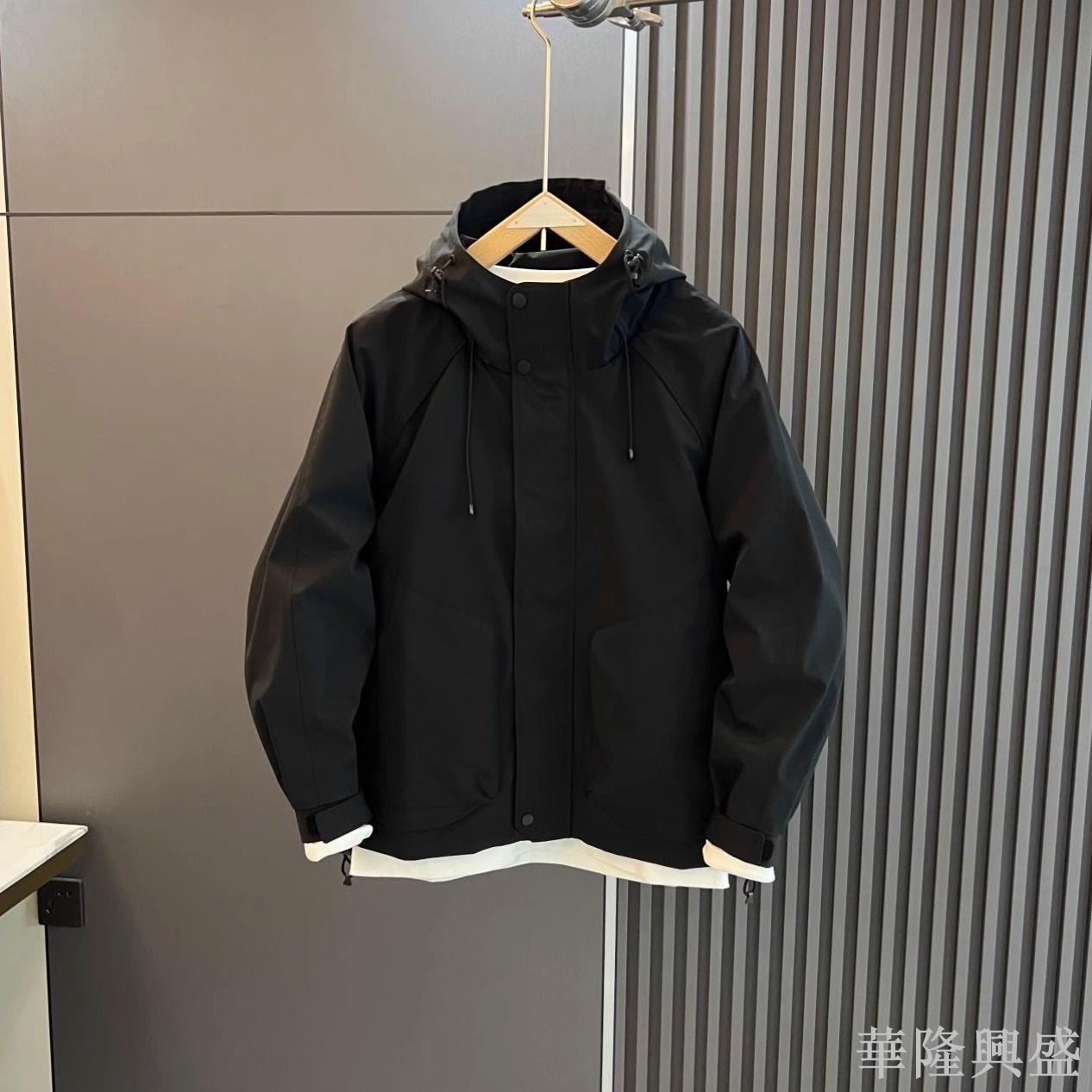 華隆 春秋夾克外套男沖鋒衣防風上衣純色連帽時尚新款休閑百搭寬松工裝男外套 防風外套 風衣外套 時尚外套 韓版外套 休閒外套