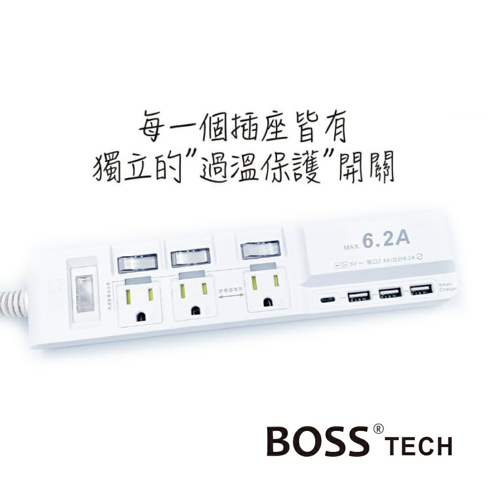 【Suey電子商城】BOSS C-67 (4開3插3P+3U1T)6尺 1.8米 USB 6.2A 延長線 全球首創