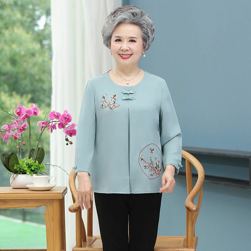 母親節奶奶中老年人女裝春夏T恤圓領長袖假兩件上衣太太老人衣服 2