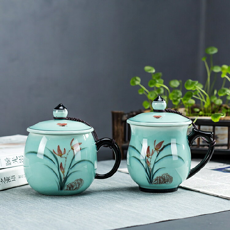 茶杯陶瓷單個帶蓋過濾龍泉青瓷功夫茶具泡茶杯男定製辦公室女杯子