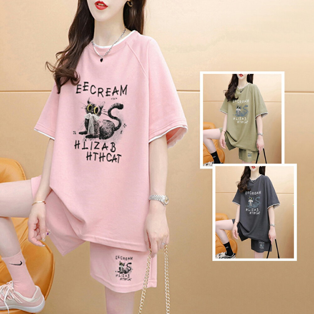＊ORead＊圓領短褲印花休閒運動套裝(3色M~XL)