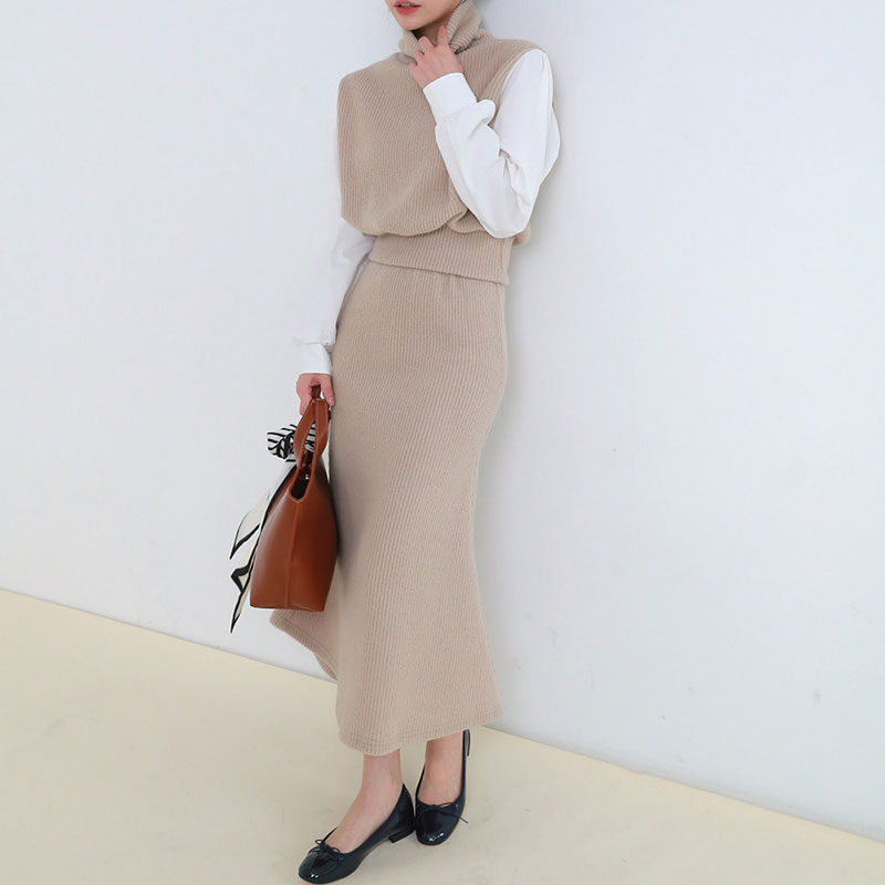 ANNAS 正韓高領毛衣魚尾裙套裝 加厚坑條針織衫長裙 拼接顯瘦氣質套裝 1