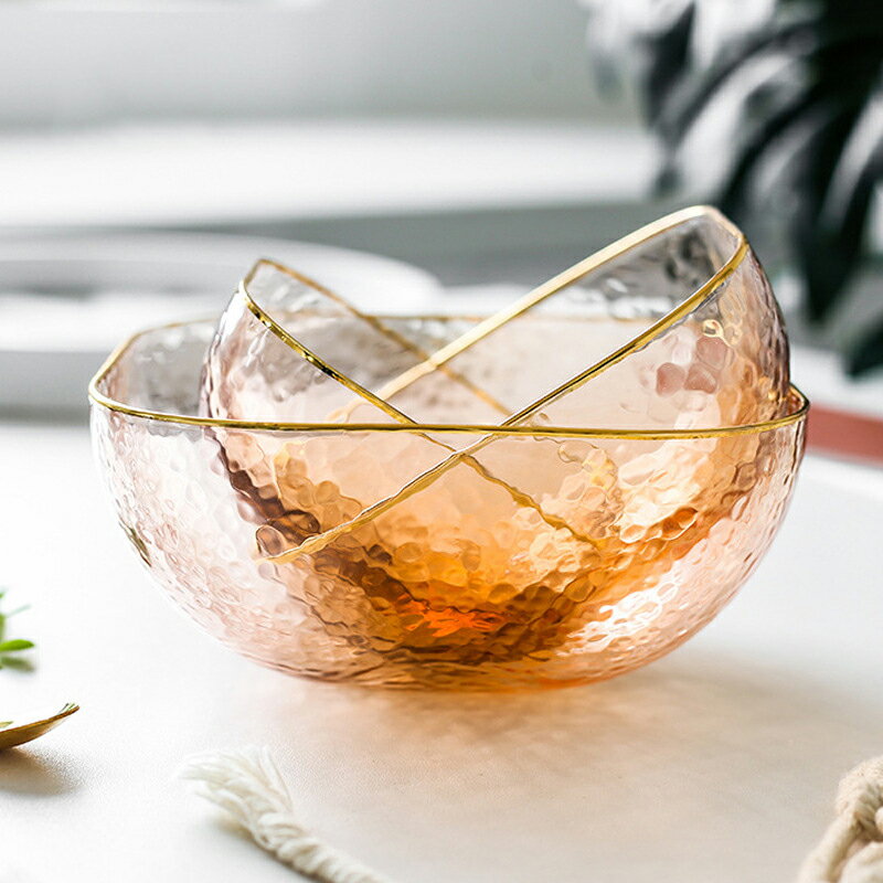 方形透明金邊玻璃水果沙拉碗盤家用大號可愛日式北歐燕窩甜品碗