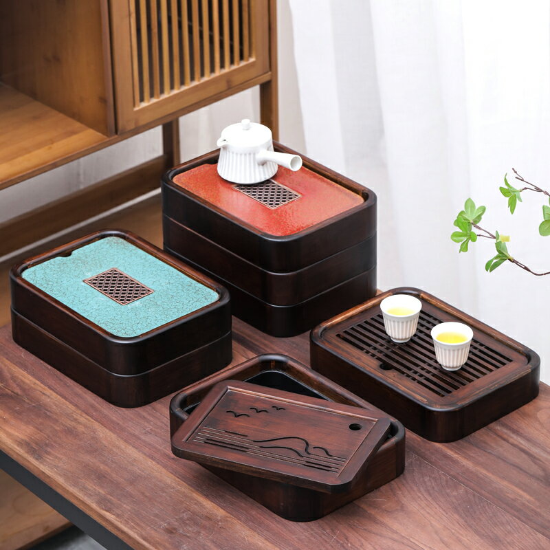 竹制小型茶盤家用簡易茶臺一人用簡約陶瓷儲水式茶海茶具套裝干泡