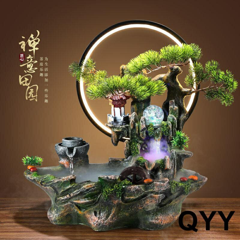 風水聚寶盆 高山流水擺件田園生財開業招財喬遷送禮物大號迎客松藝術桌面景觀流水聚寶盆