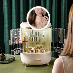 化妝品收納盒 帶鏡一體桌面整理梳妝臺大容量防塵口紅護膚品置物架 全館免運