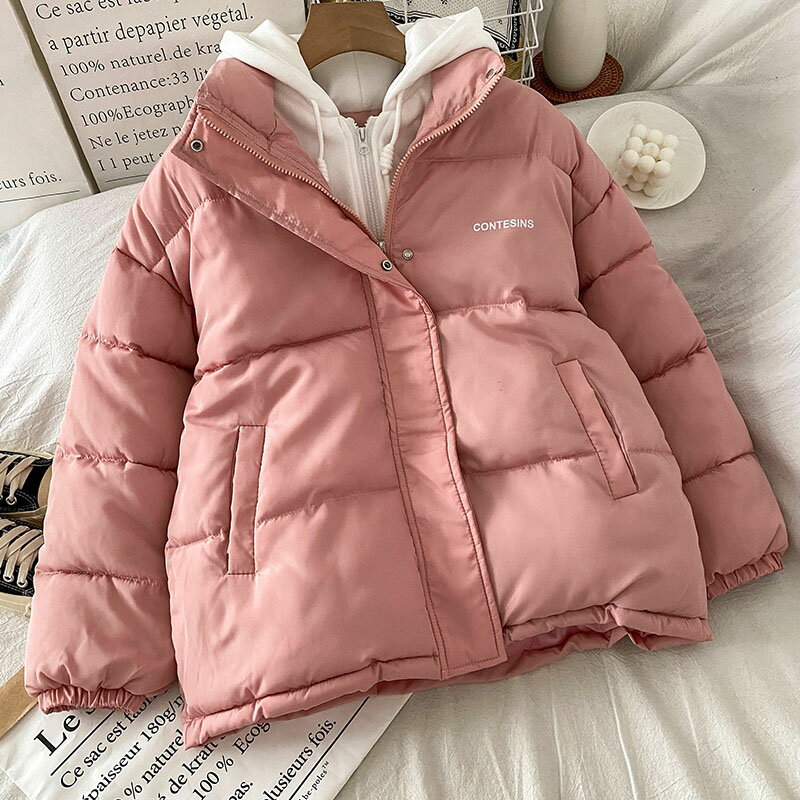 連帽羽絨棉服女新款冬季設計感小眾麵包服粉色假兩件小棉襖