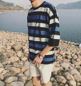 韓國 FINDSENSE品牌 條紋 上衣 七分袖 男 並提供加大尺碼 加肥 大 男裝
