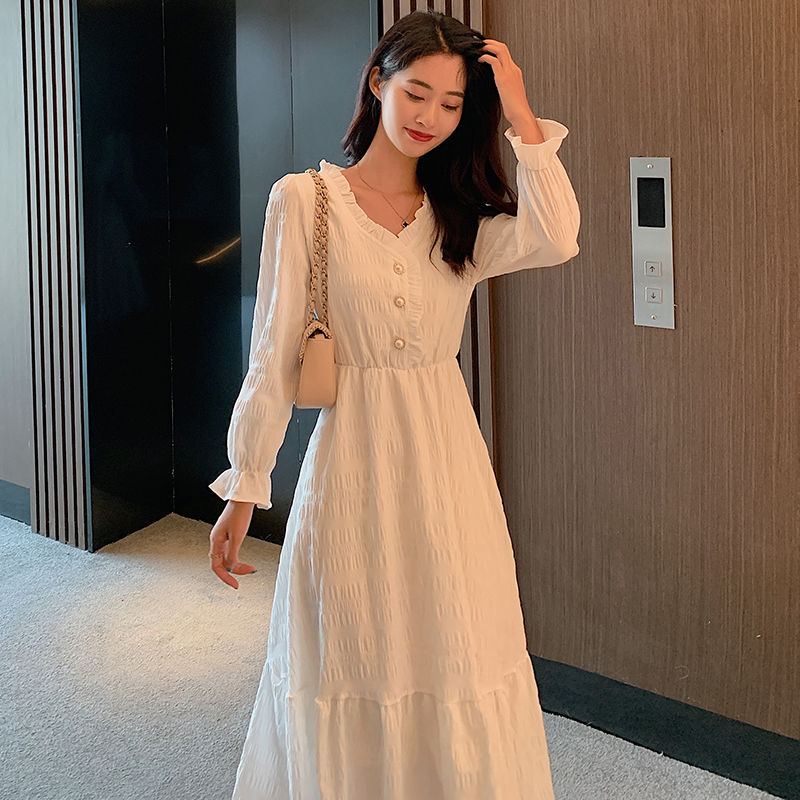 洋裝白裙長袖連衣裙女收腰顯瘦氣質赫本風法式中長款仙女裙子秋季新款【聚寶屋】