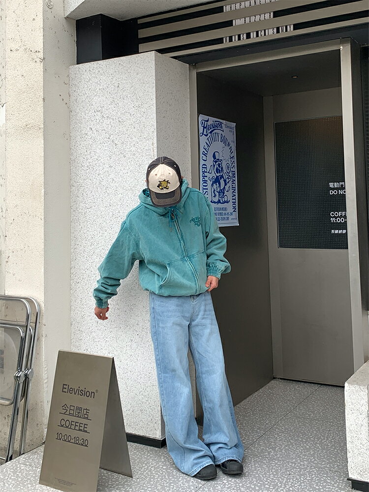 美式復古闊腿牛仔褲水洗baggy日系cityboy直筒拖地褲加長vibe男
