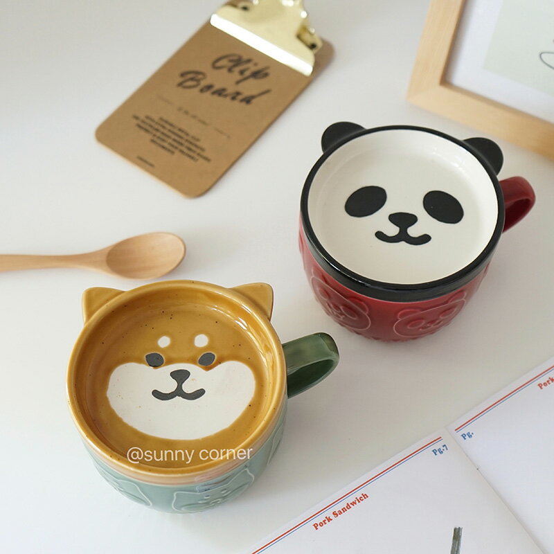 元氣角落 日式柴犬熊貓帶蓋陶瓷馬克杯可愛情侶水杯牛奶咖啡杯子