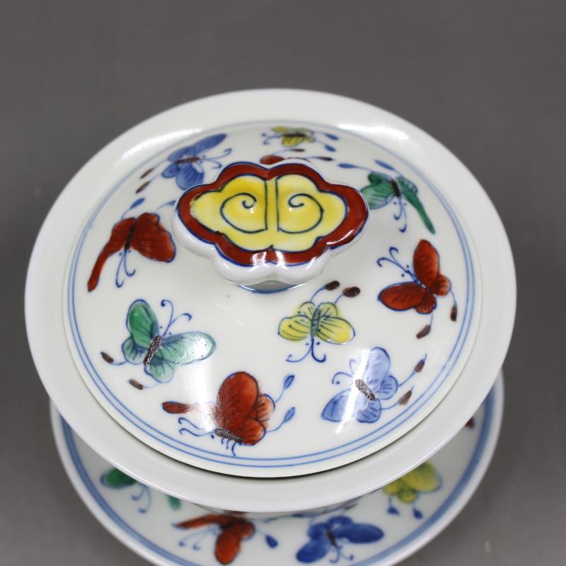 中国古玩 大明成化 薄胎 斗彩 花蝶杯 明成化斗彩