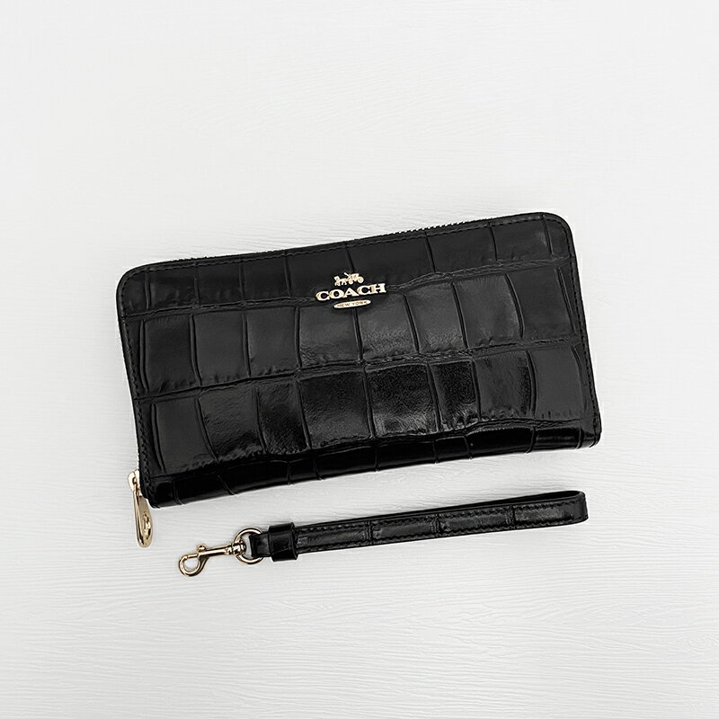 美國百分百【全新真品】COACH 皮夾 CT083 長夾 皮革 專櫃精品 錢包 logo 亮面 動物紋 黑色 CZ16