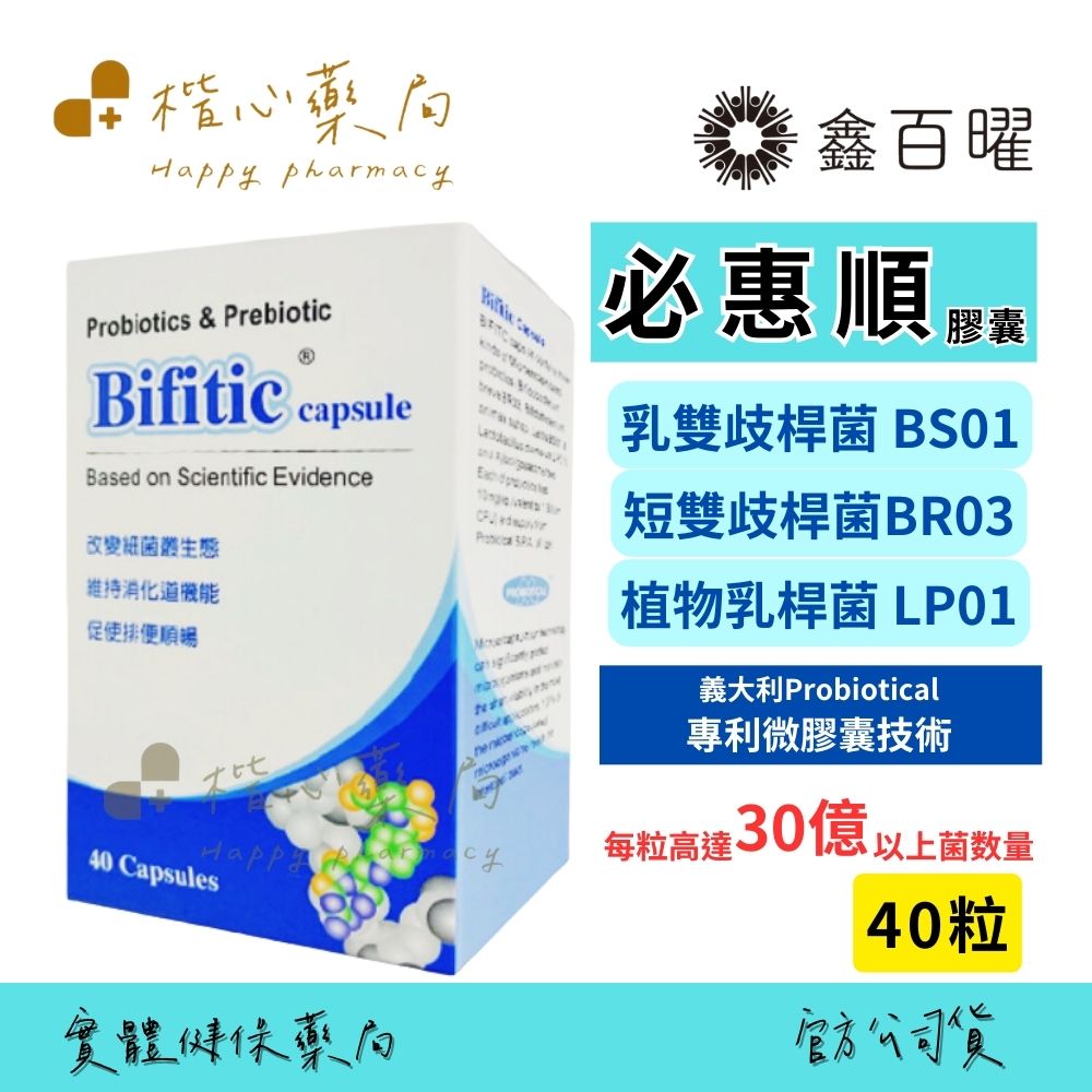 【楷心藥局】必惠順 益生菌 40粒 木寡醣 短雙歧桿菌BR03、植物乳桿菌LP01&乳雙歧桿菌BS01 加拿大進口