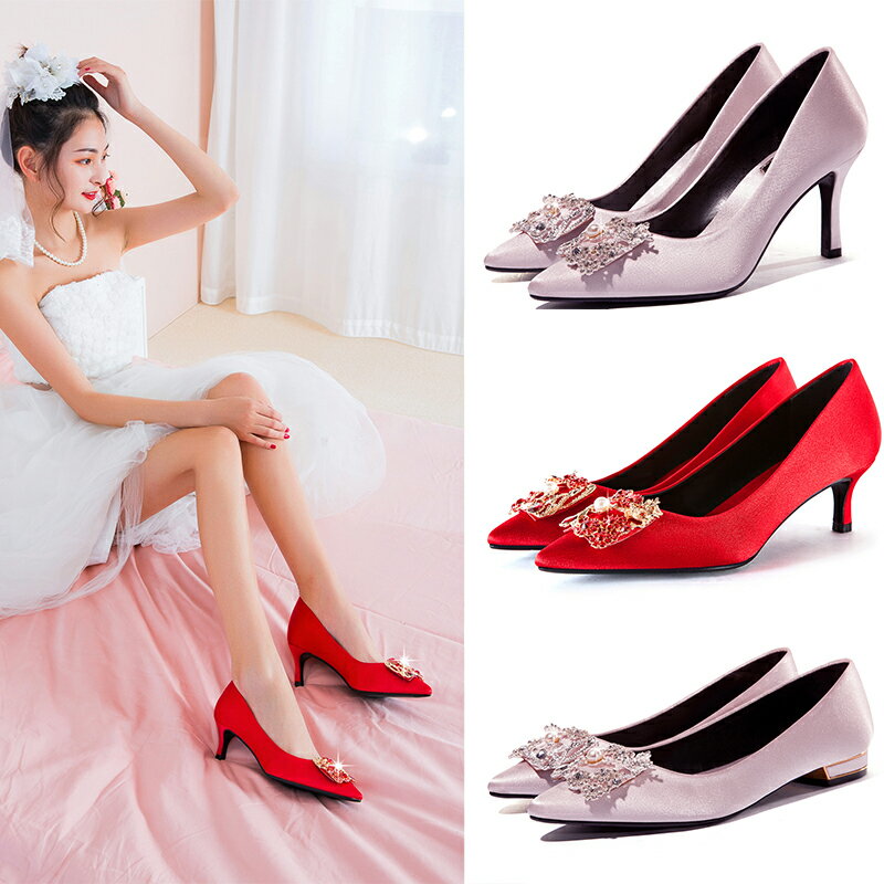 新款韓版水晶紅色高跟婚鞋龍鳳香檳色伴娘婚紗秀禾新娘鞋小碼女單