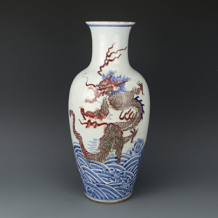 乾隆青花釉里紅海水龍紋觀音瓶古董古玩景德鎮仿古瓷器收藏品擺件