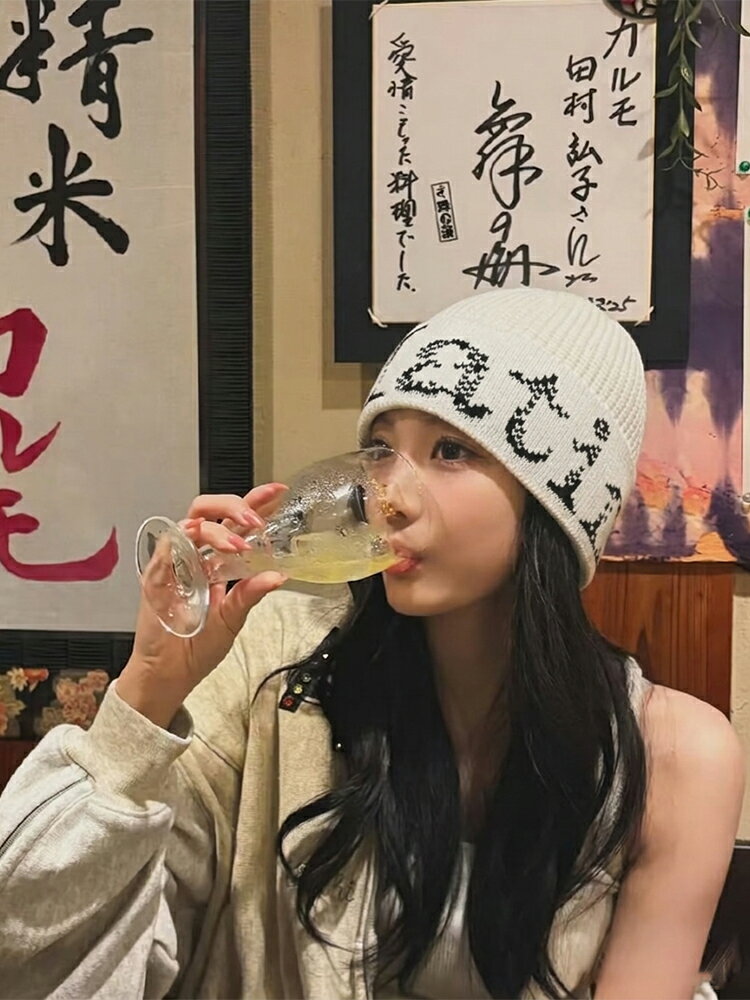韓國寧藝卓同款matin kim羊毛冷帽針織盆帽字母提花毛線帽子保暖