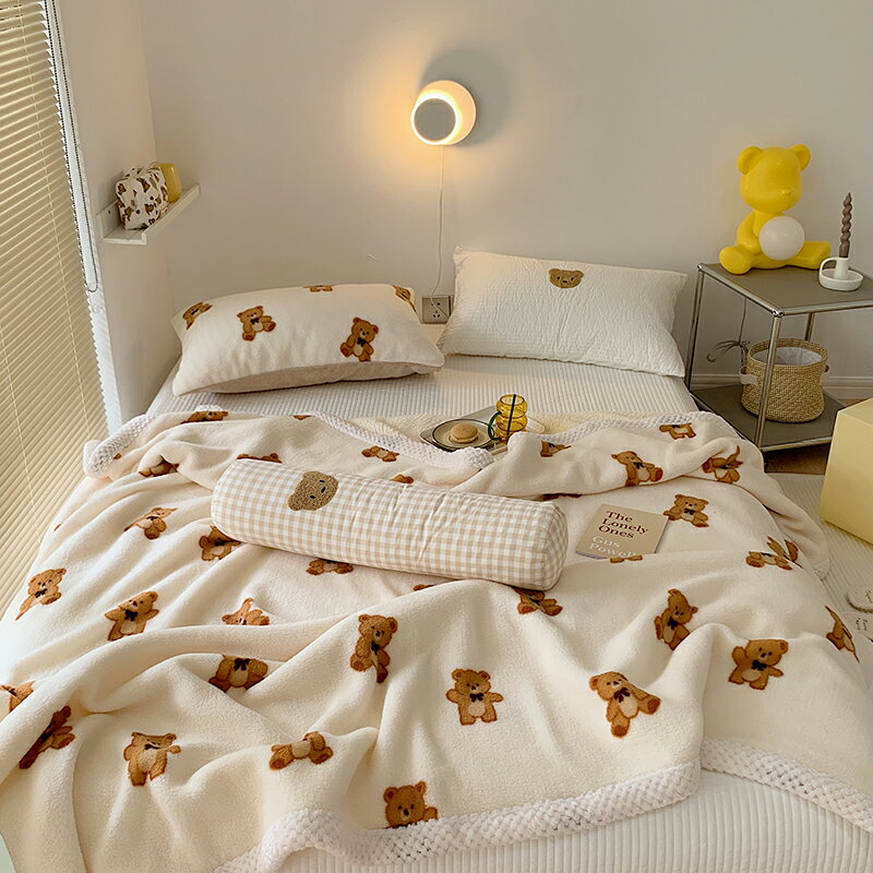 可愛熊冬季加厚雙面小毛毯春秋單人牛奶珊瑚絨鋪床辦公室午睡蓋毯