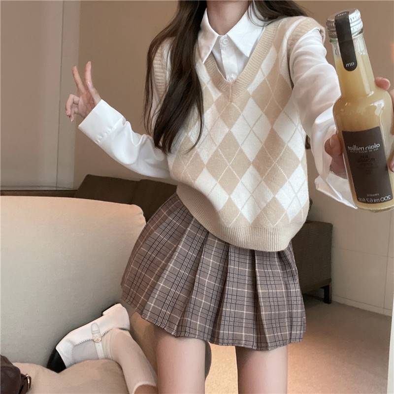 學院風jk制服套裝女早春新款日系校服針織馬甲襯衫百褶裙三件套潮 4