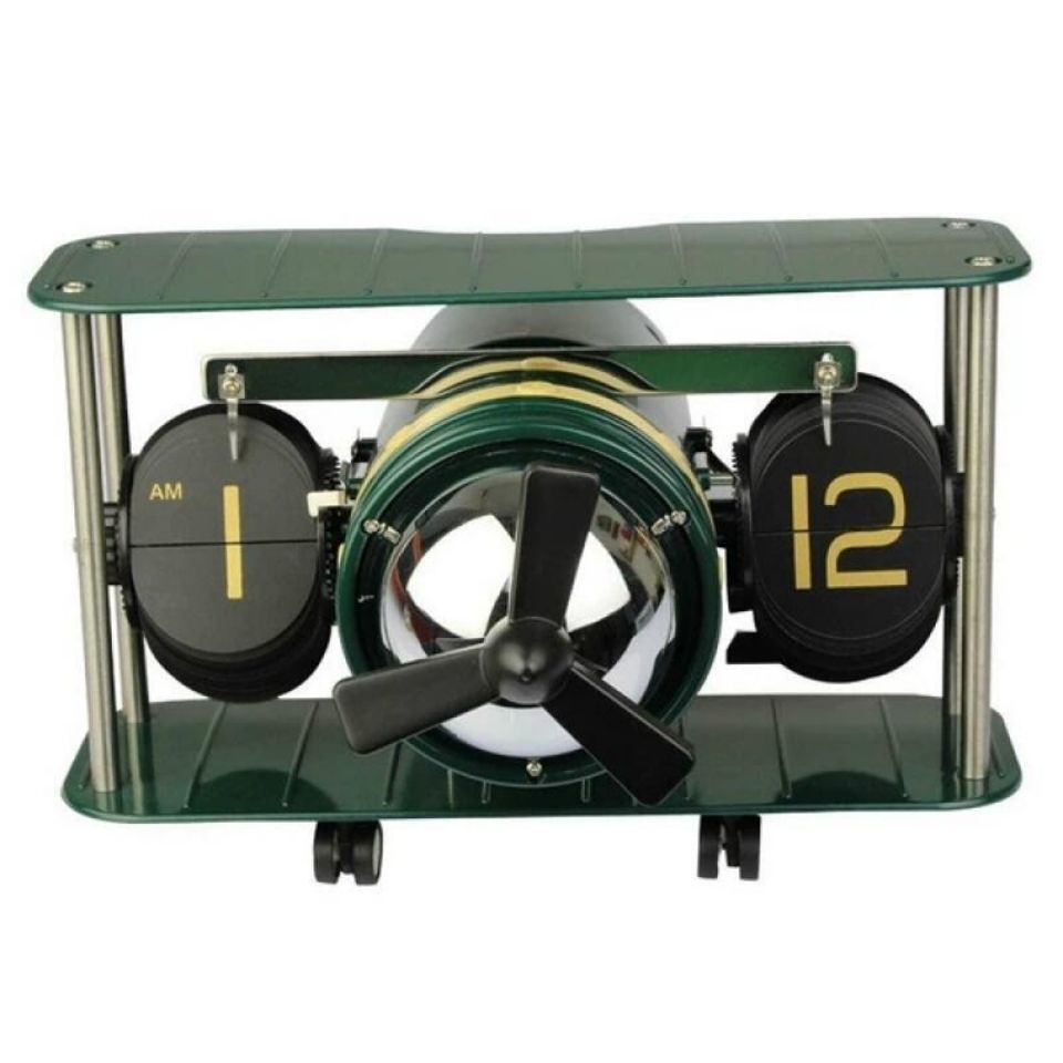 德國復古機械飛機頭自動翻頁鐘創意家居客廳擺飾時鐘飛機立體座鐘