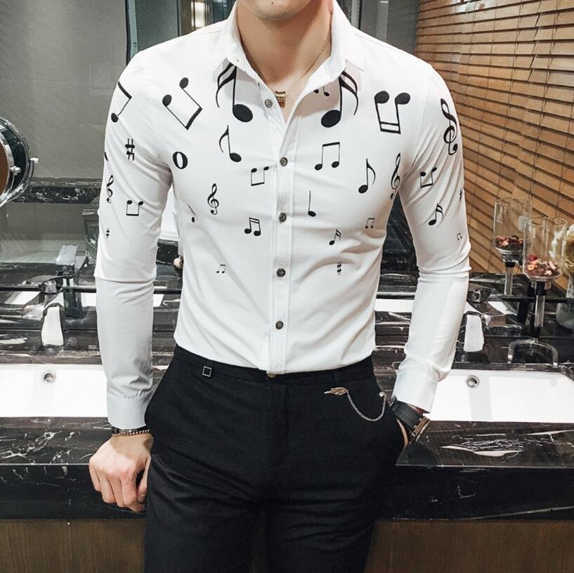 FINDSENSE品牌 男 時尚 潮 薄款 修身 黑白音樂符號 音符 印花襯衫 長袖襯衫