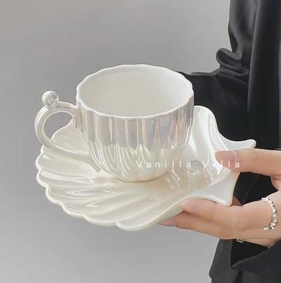 ins貝殼陶瓷馬克杯女咖啡水杯家用珍珠杯碟套裝高顏值杯子伴手禮