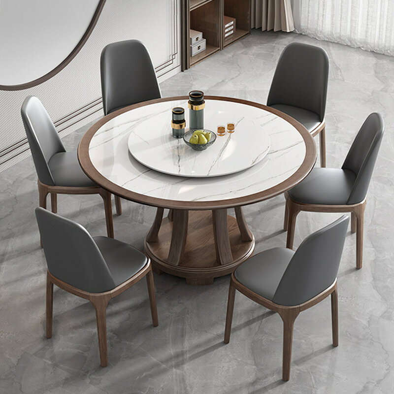 北歐實木巖板餐桌椅組合現代簡約白蠟木圓形餐桌帶轉盤飯桌