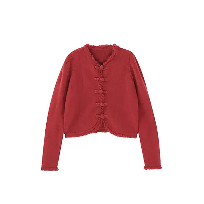 ANNAS 過年戰袍 中國風紅色上衣 紅色旗袍上衣 紅色毛衣 新年 大紅色 喜氣 過年穿搭 龍年毛衣外套 盤扣流蘇 8