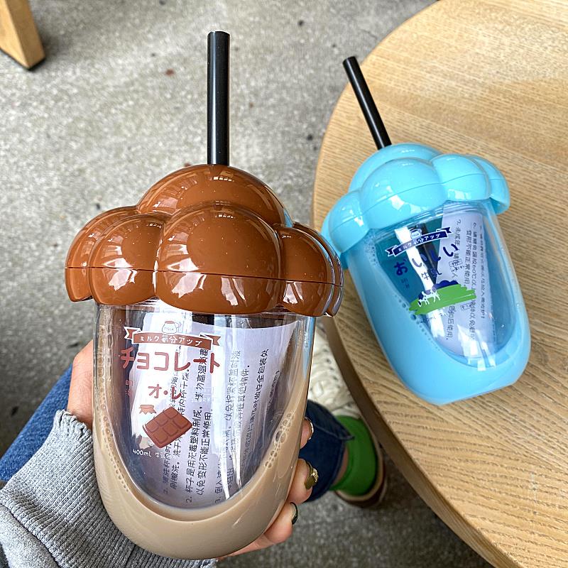 韓國可愛帶吸管冰杯仿奶茶杯雙層帶蓋夏日冷飲杯少女心學生隨手杯