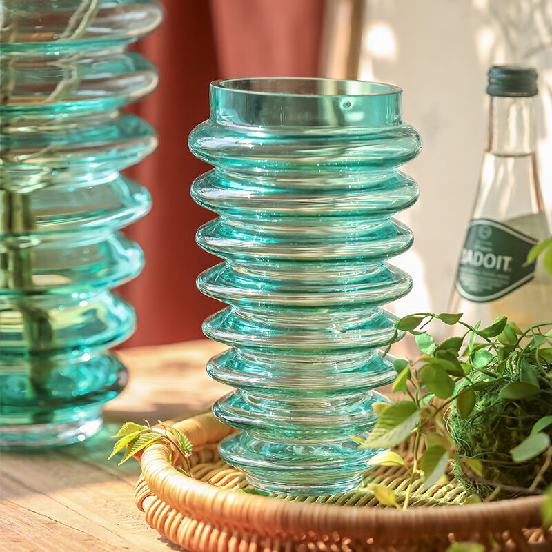 懸螺狀廣口玻璃花瓶擺件插花水養天藍色透明文藝小眾設計感插花瓶