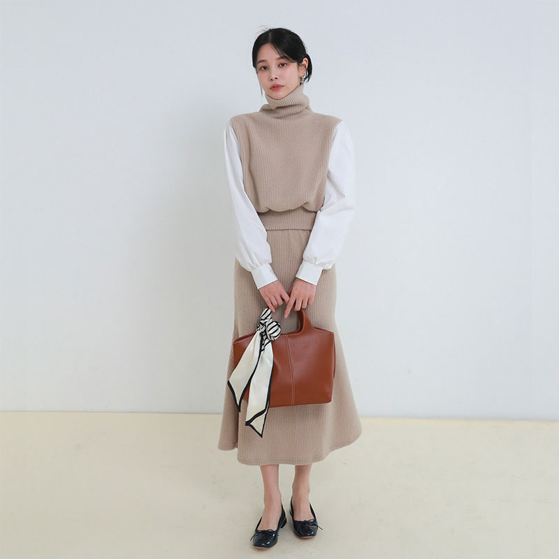 ANNAS 正韓高領毛衣魚尾裙套裝 加厚坑條針織衫長裙 拼接顯瘦氣質套裝 3