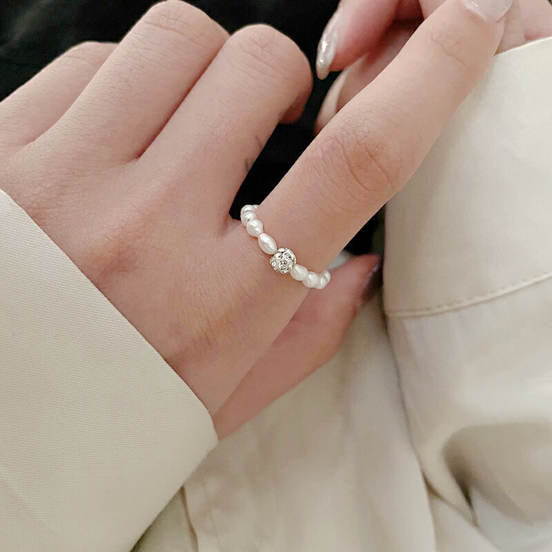 時尚淡水珍珠彈力戒指鑲鉆可調節指環韓國網紅氣質設計感淑女手飾