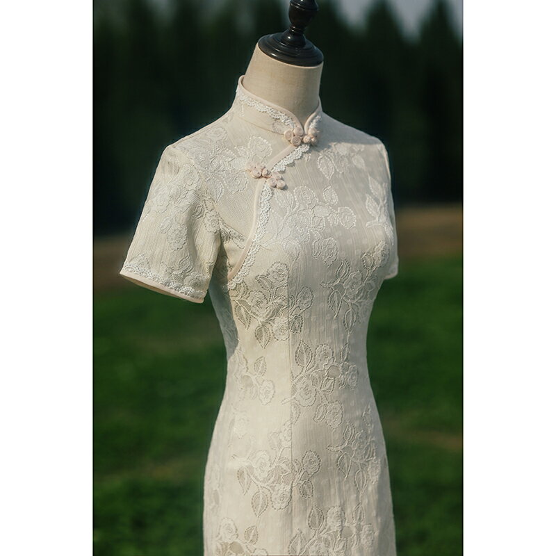 白色蕾絲旗袍改良夏季小子短款年輕款復古氣質日常素雅連衣裙女