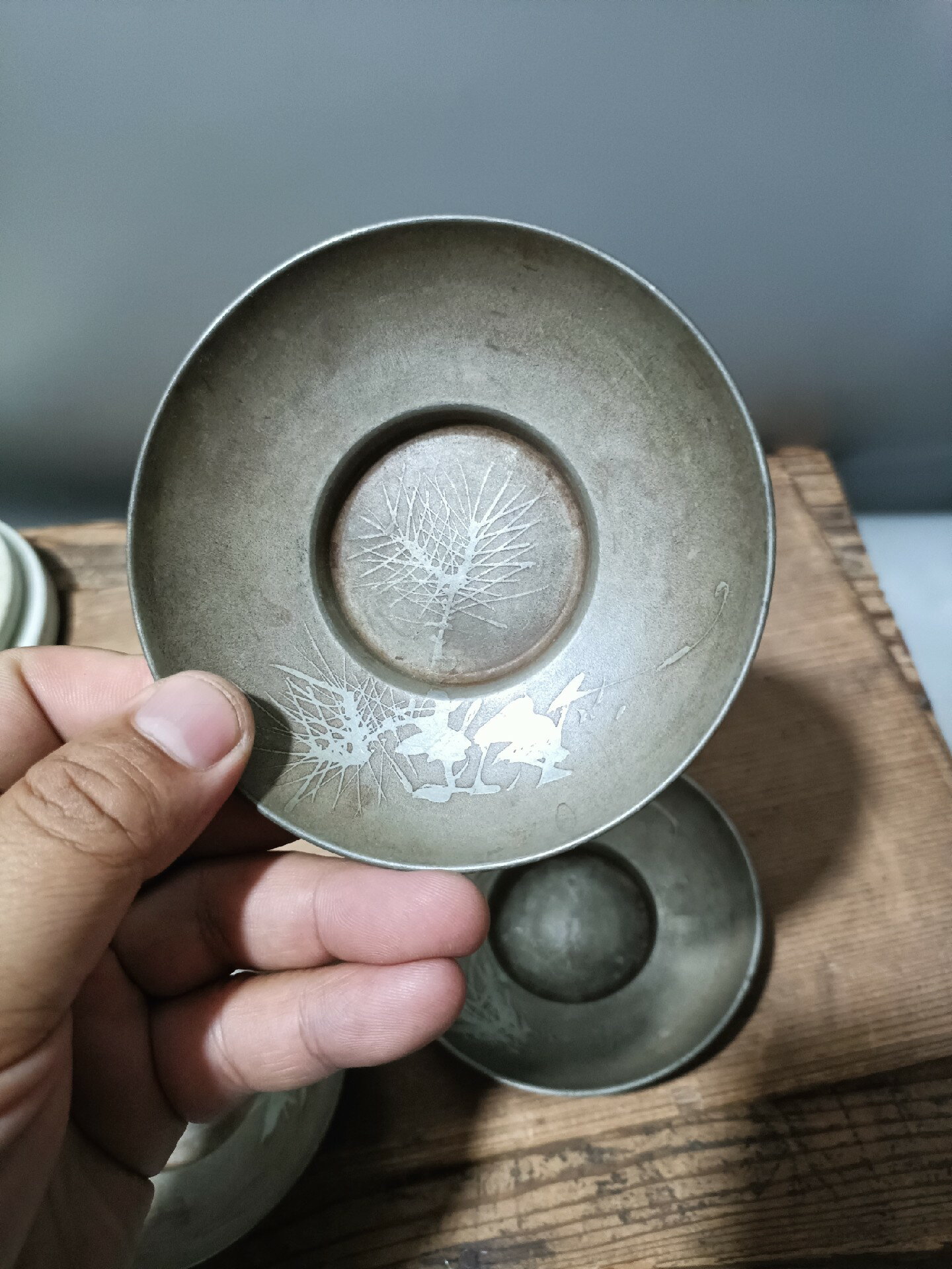 古錫茶托５客組・雲生茂戚號造