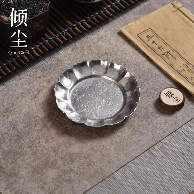 全手純錫幹泡盤蓮花盤 足錫蓮瓣壺承 錘紋鍛打茶點盤 急須臺蓋碗