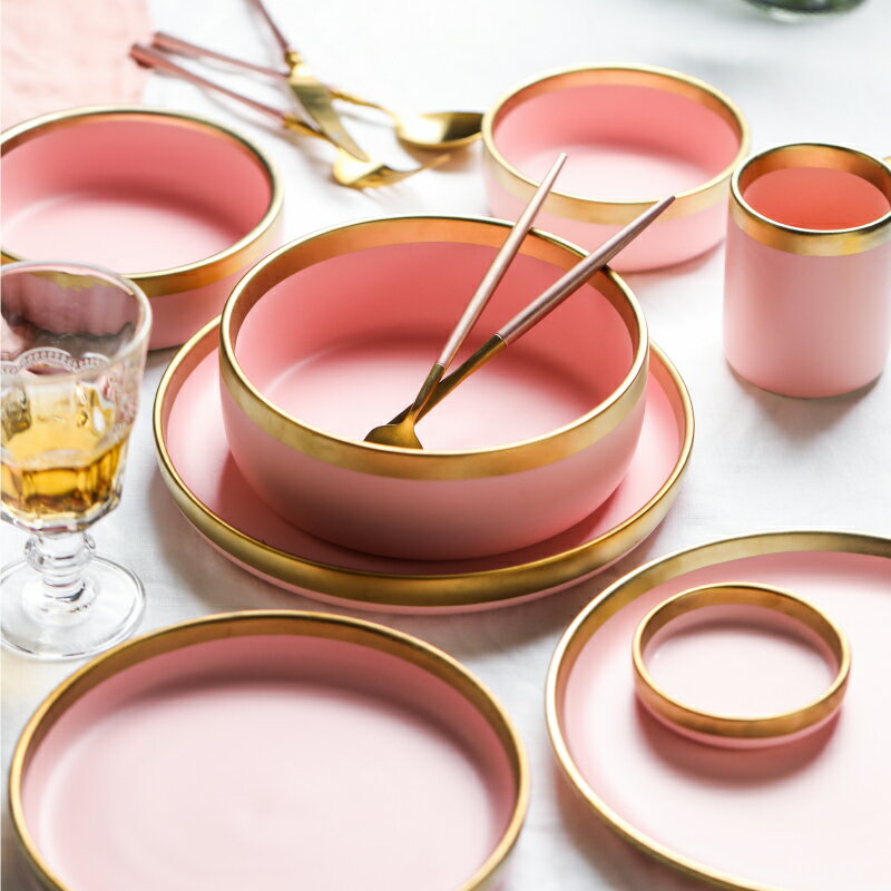 粉墨 粉色金邊餐具 北歐ins家用盤子陶瓷菜盤餐盤米飯碗湯碗