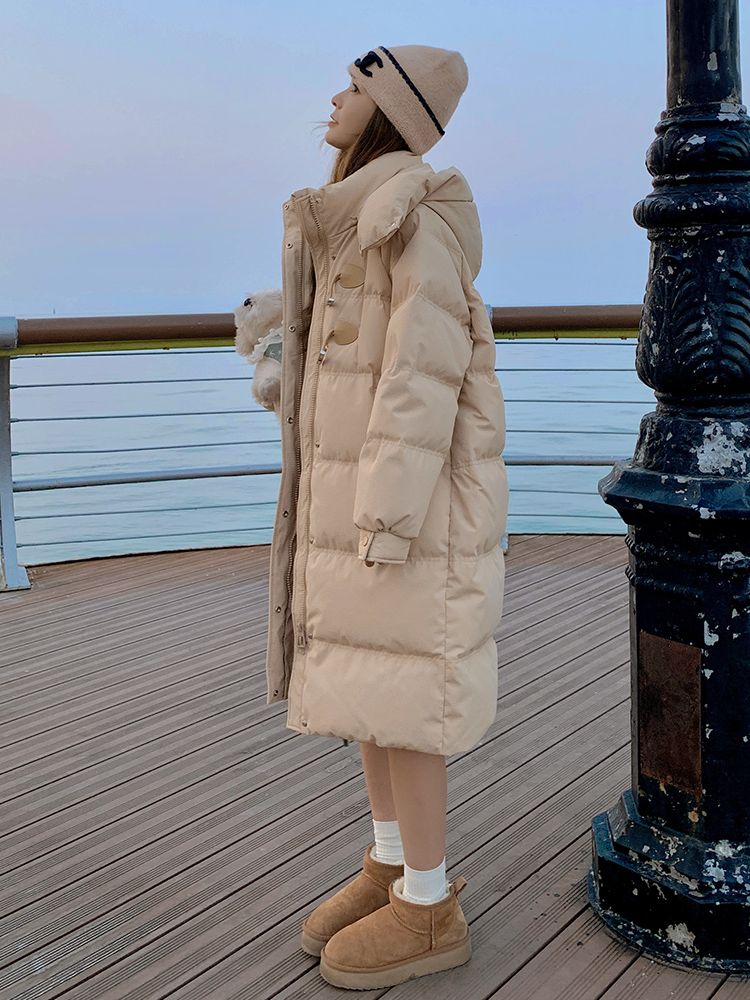 快速出貨/羽絨外套 長大衣 卡其色羽絨服女冬季保暖加厚連帽新款時尚中長款韓版寬松外套