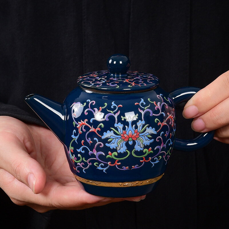 陶瓷手工茶具功夫泡茶壺琺瑯彩小號單壺過濾小茶壺霽藍茶器喝茶壺