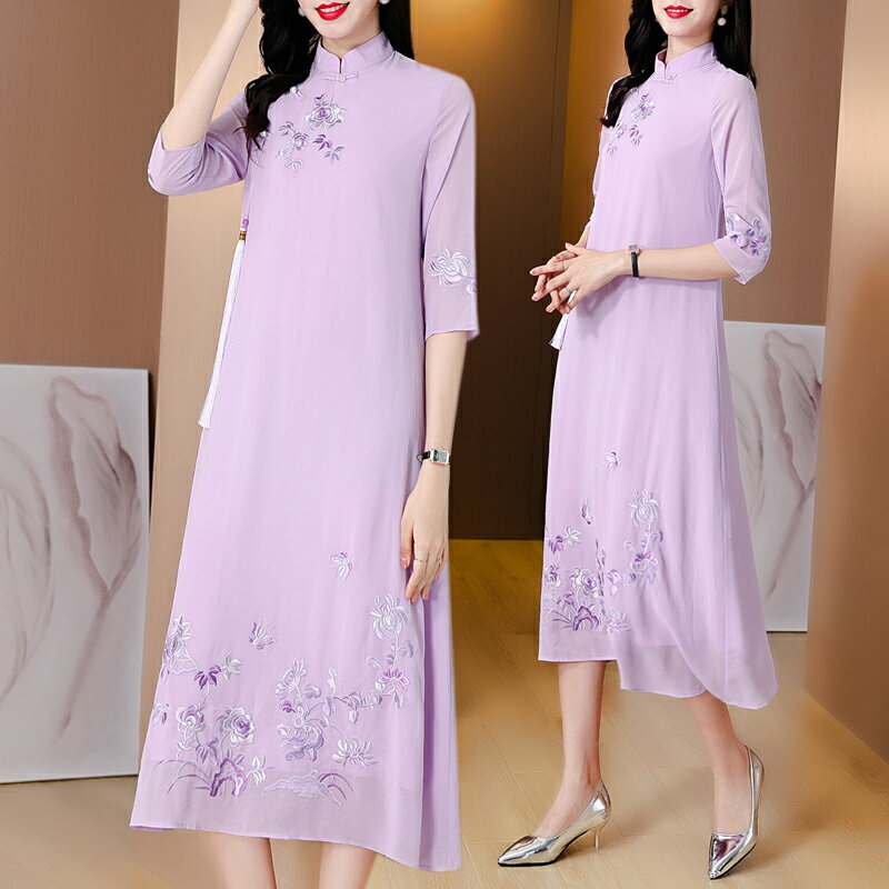 夏季新款中國風女裝復古刺繡日常改良旗袍大碼寬松顯瘦連衣裙