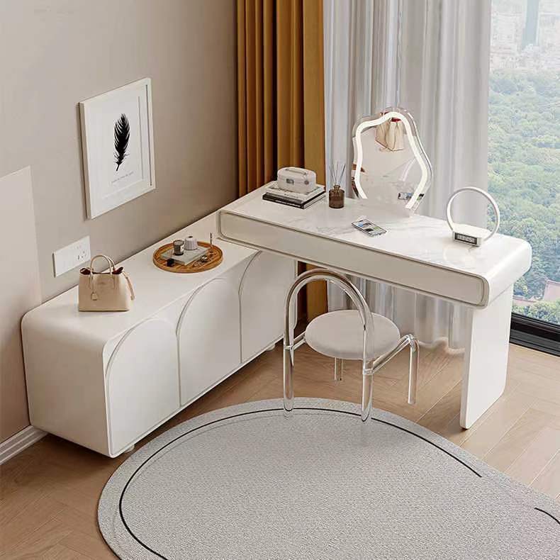 奶油風巖板梳妝臺臥室現代簡約轉角收納柜一體白色實木化妝桌高級