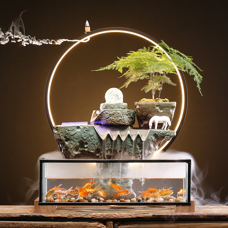 創意假山陶瓷流水擺件中式魚缸水晶球轉運加濕器家居客廳玄關裝飾