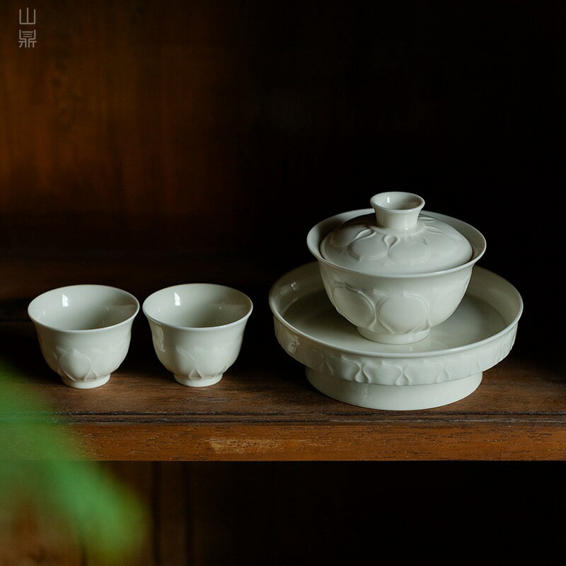 仿宋定窯白蓋碗品茗杯功夫茶具泡茶碗茶壺蓮花壺承建水家用品茗杯