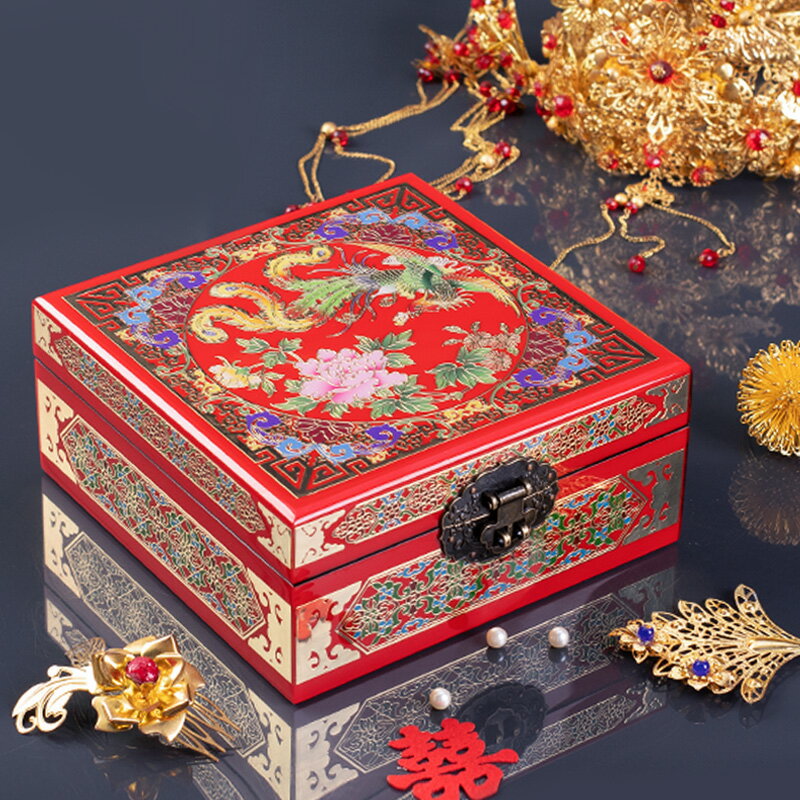 銅絲鑲嵌首飾盒鳳戲牡丹手工木質漆盒中式梳妝盒情人節禮物送女友