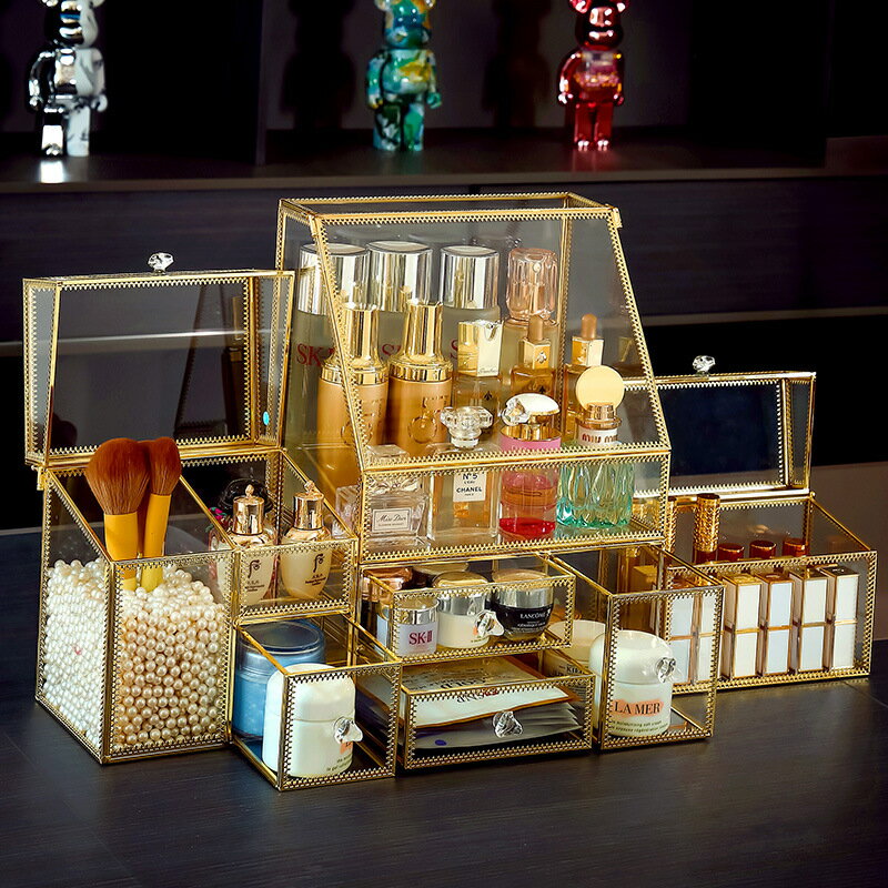 玻璃化妝品收納盒防塵家用大容量桌面口紅梳妝臺護膚品網紅置物架